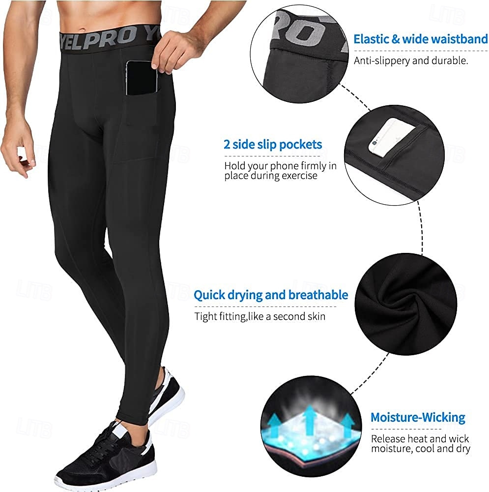 Men's Compression Pants Running Tights Leggings with Phone Pocket Base Layer Athletic Winter Spandex Breathable Quick Dry Sweat wicking Power Flex Fitness Gym Workout Running Skinny Sportswear 2025 - GBP £14 –P2