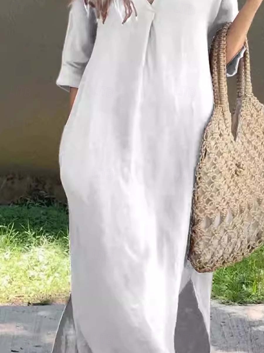 Femmes Robe Longue Maxi Robe Robes inspirées du lin Élégant Coupe régulière Demi Manches Col en V Noir Blanche Été Printemps de 2025 ? $28.99 –P2