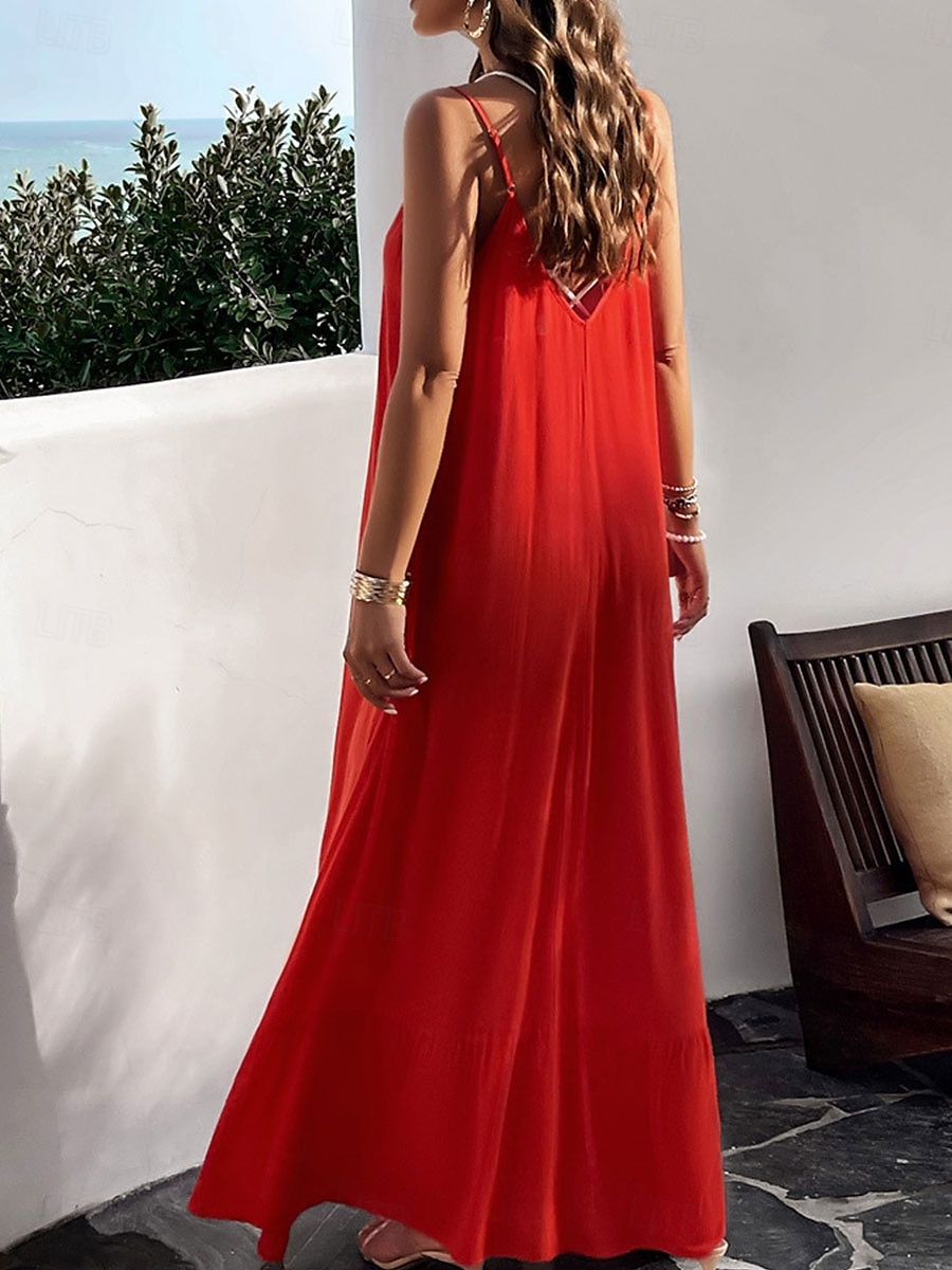 Damen Maxi Kleid Strandkleid Slip Kleid Urlaub Strandurlaub Unifarben Lässig Täglich Lockere Passform Grafik Ärmellos Träger Schwarz Rot Himmelblau Grün Sommer 2025 - $41.99 –P6