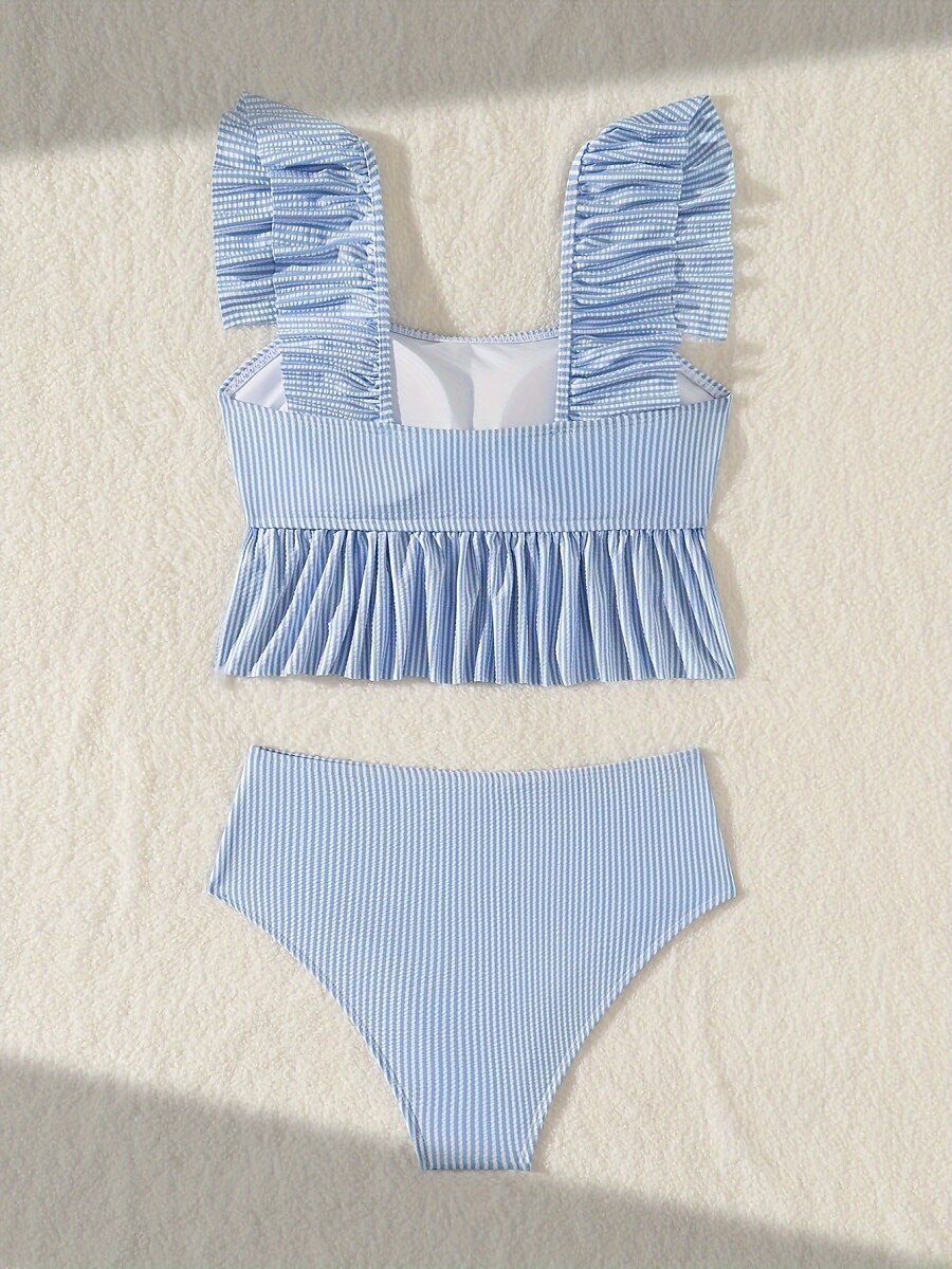 Dames Zwemkleding Bikini 2 stuks Onderbroeken Zwempak Blote rug Slank Hoog getailleerd Vakantie Strand Kleding Streep Mouwloos Badpakken 2025 - $31.99 –P3