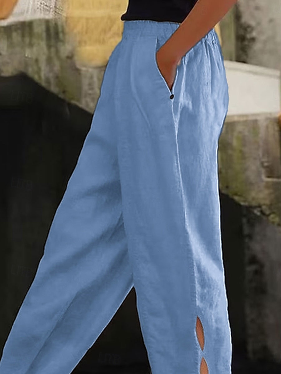 Women's Cotton Linen Pants Chinos Fashion Streetwear Ankle-Length High Waist Plain Pocket Elastic Waistband Comfy Soft Comfortable Micro-elastic Outdoor Street dark brown Deep Green Wine Robin's Egg 2025 - $21.99 –P3