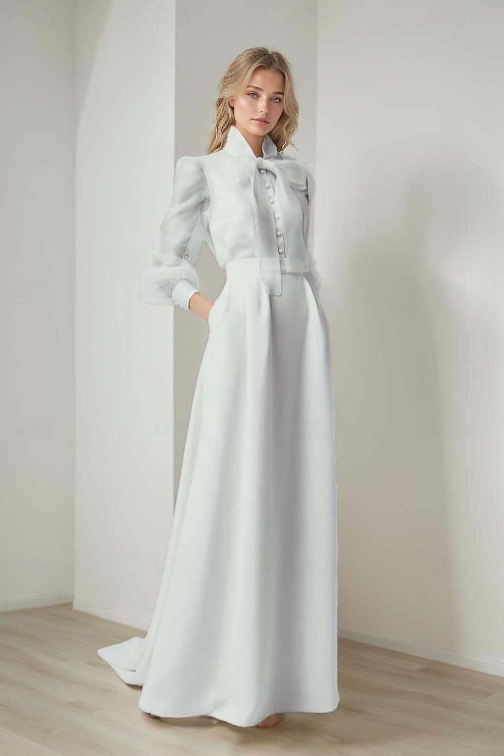Robe de soirée sirène  trompette élégante formelle mariage traîne de cour manches longues col chemise ceinture  sangle organza avec nœud(s) de 2025 ? $197.99 –P5