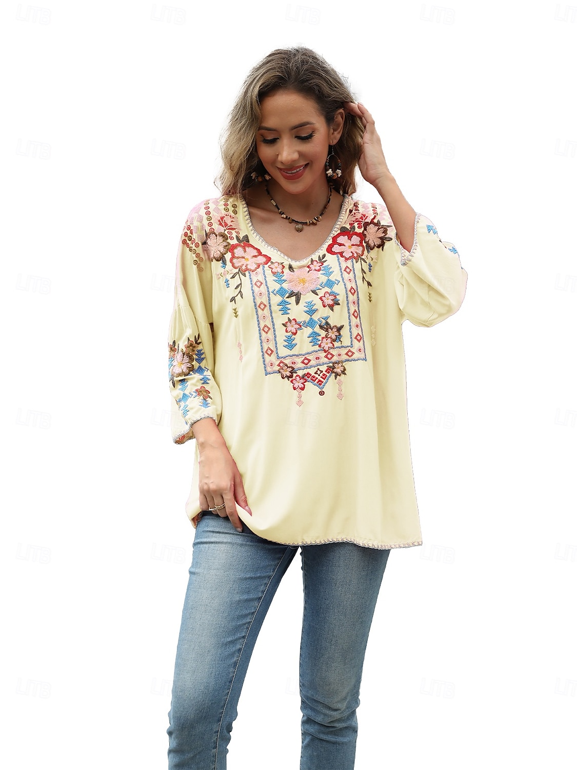 Dame Boho skjorte Helfarge Blomstret Bohem Daglig Luksuriøs 3/4 ermer 3/4-ermer Crew-hals Vanlige topper Arbeid Daglig Ut på byen Broderi Svart Gul Rose Rosa Sommer 2025 - $52.99 –P19