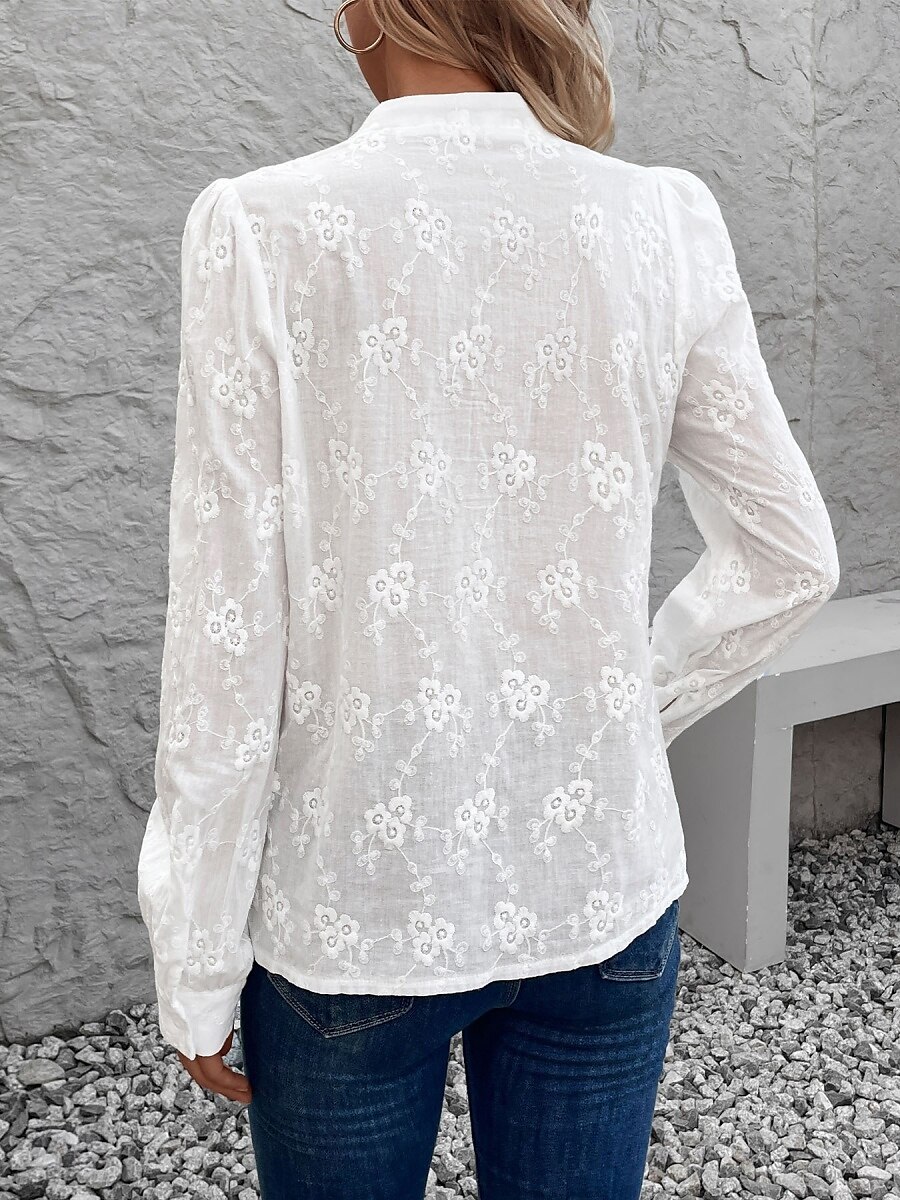 Damen Hemd Bluse Feste Farbe Stilvoll Brautkleider schlicht Langarm Gekerbter Hals Normale Oberteile Täglich Spitze Patchwork Weiß Sommer Frühling 2025 - $39.99 –P2