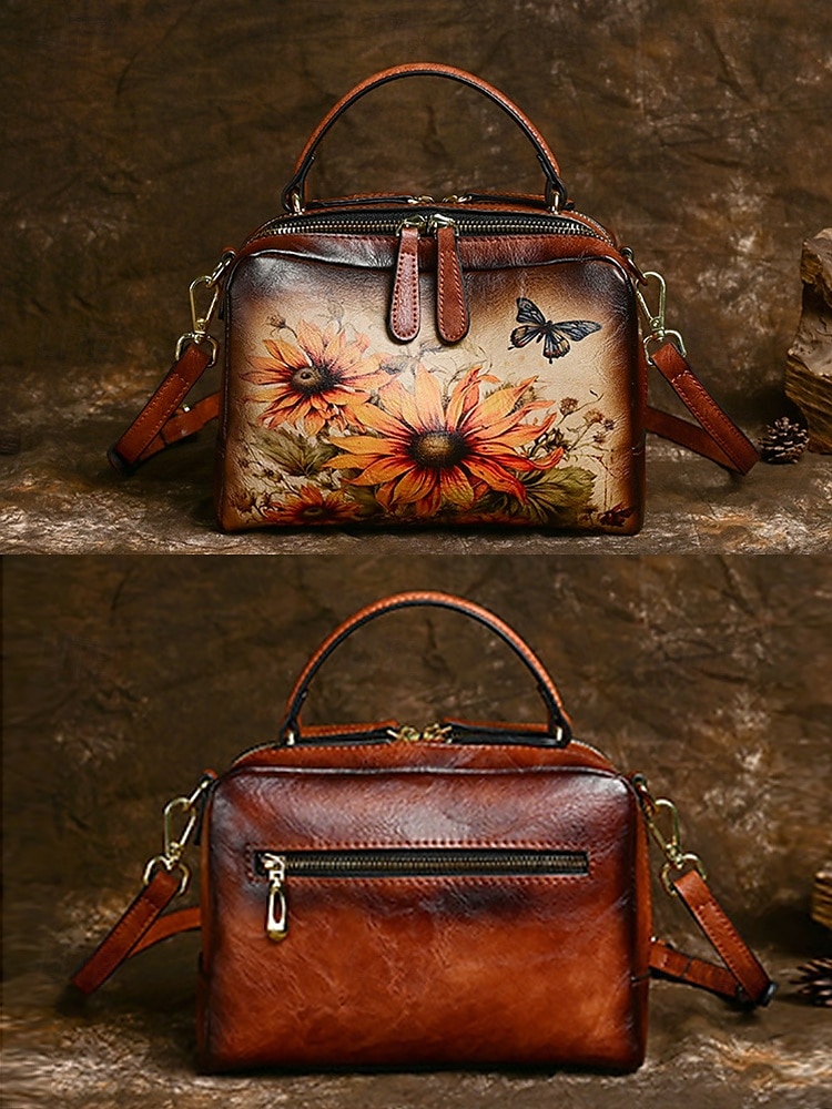 torebka ze skóry vintage z nadrukiem słonecznika i motyla – stylowa torebka typu crossbody dla kobiet, idealna na co dzień i na wyjścia na zewnątrz czerwony brązowy zielony 2025 - $64.99 –P4