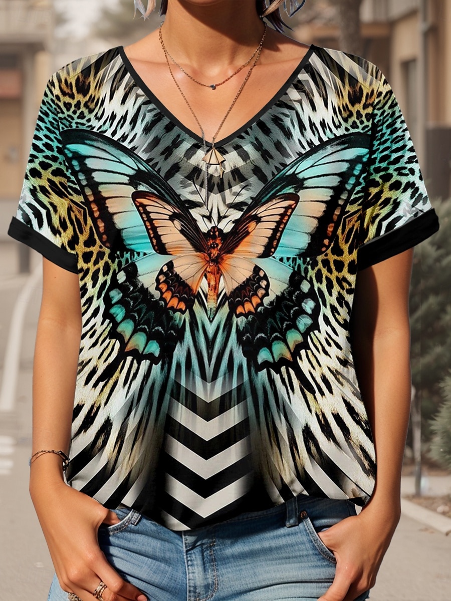 Pentru femei Tricou Fluture Casual Manșon scurt În V Topuri obișnuite Zilnic Sfârșit de săptămână Imprimeu Albastru piscină Vară Primăvară 2025 - $19.99 –P3