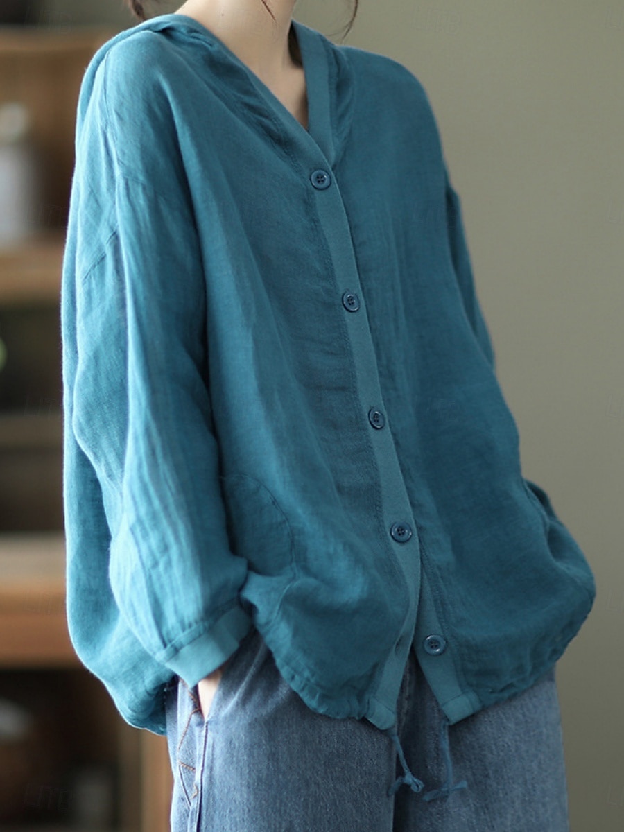 Women's Shirt Cotton Linen Shirts Button Up Blouse Solid Color Basic Casual Long Sleeve Hooded Regular Tops Daily Buttons White Red Blue Beige Summer 2025 - $25.99 –P9