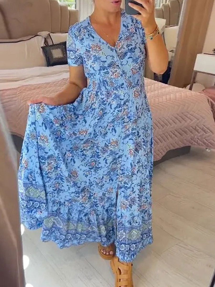 Női Maxiruha hétköznapi ruha Boho ruha Elegáns Stílusos Alkalmi Vakáció Hétköznapi Napi Normál Virágos Rövid ujjú V-alakú Arcpír rózsaszín Sötétkék Bíbor Világoskék Nyár Tavasz 2025 - $29.99 –P1