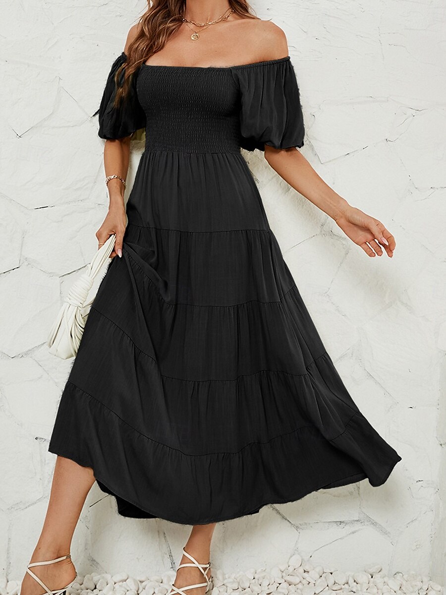 Abito Midi Femminile Abito A Linea Abito a Colore Unito Abito da Latte Abito Off The Shoulder Abito Manica Puff Vacanza Vacanza Fit Regolare Semplice Senza Maniche Collo a V Nero Verde Chiaro Rosa del 2025 a $34.99 –P3