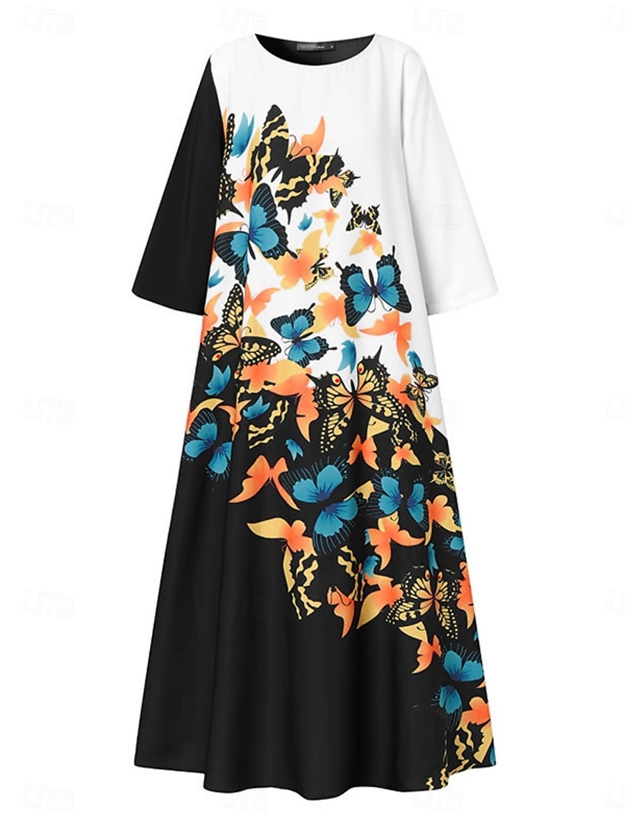 Femme Robe Maxi Robe casual mode Décontractées Vacances du quotidien Standard Floral Manches 3/4 Col Ras du Cou Blanche Jaune Rouge Eté Printemps de 2025 ? $27.99 –P2