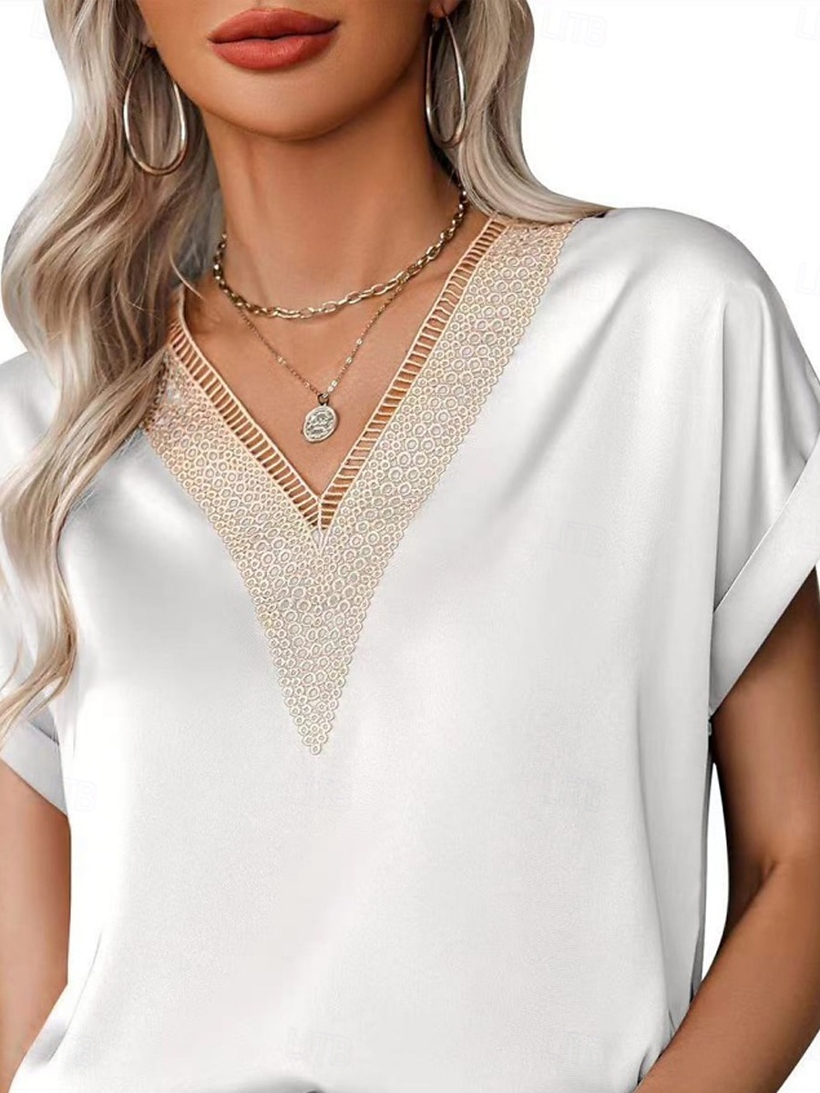 Débardeur en camisole pour femmes couleur unie élégant décontracté à manches courtes col en V tops réguliers impression quotidienne dentelle patchwork noir blanc rose vin vert été de 2025 ? $17.99 –P2