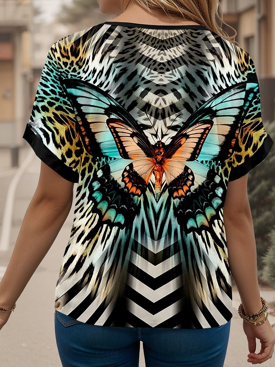 Pentru femei Tricou Fluture Casual Manșon scurt În V Topuri obișnuite Zilnic Sfârșit de săptămână Imprimeu Albastru piscină Vară Primăvară 2025 - $19.99 –P2