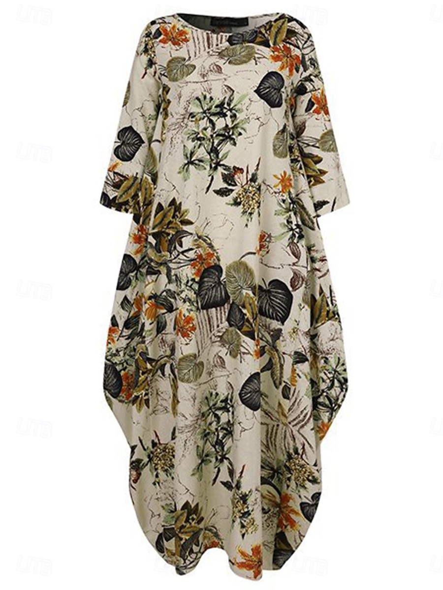 Mujer Vestido maxi Vestidos de lino y algodón Vestido informal Básico Casual Vacaciones Diario Ajuste regular Floral Manga Larga Cuello Barco Magenta Azul Marino Naranja Verano 2025 - $32.99 –P5