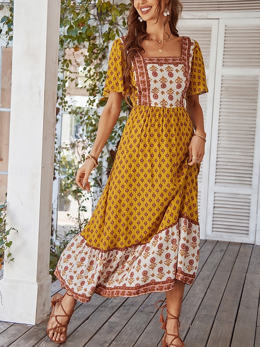 Damskie Sukienka maxi Codzienne sukienki Sukienka rozkloszowana Sukienka A line Elegancki Codzienny Urlop Codzienny Regularny Kwiaty Krótki rękaw Kwadratowy dekolt Żółty Rumiany róż Pomarańczowy 2025 - $33.99 –P10