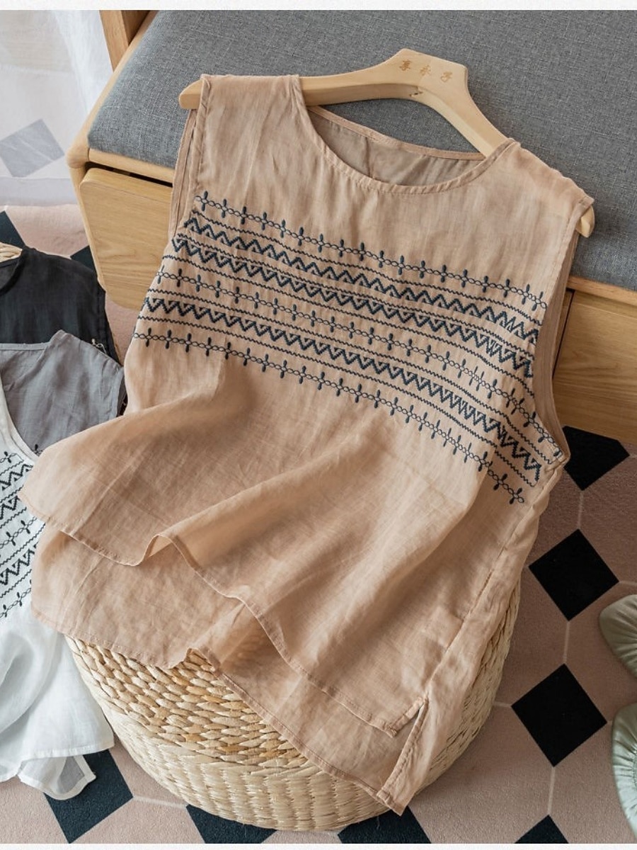 نسائي قميص قمصان قطنية كتان بلوزة كتان قطني صناعي طباعة هندسي أساسي كاجوال بدون كم رقبة عالية مدورة قمصان عادية مناسب للبس اليومي أبيض كاكي رمادي الصيف 2026 - $15.49 –P7