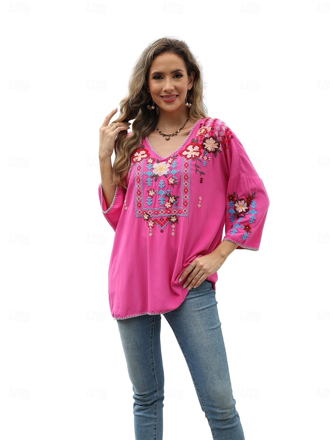 Dame Boho skjorte Helfarge Blomstret Bohem Daglig Luksuriøs 3/4 ermer 3/4-ermer Crew-hals Vanlige topper Arbeid Daglig Ut på byen Broderi Svart Gul Rose Rosa Sommer 2025 - $52.99 –P9
