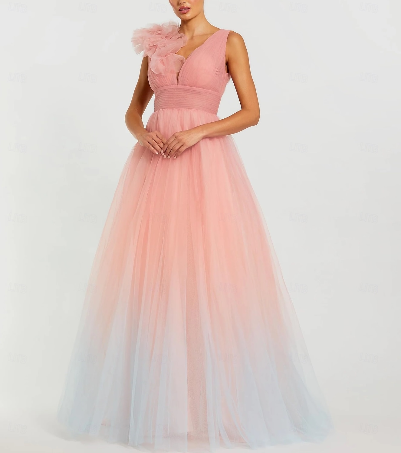Pink Ball Gown A-Line Prom Dresses Elegant Dress Formal Wedding Floor Length Sleeveless V Neck Tulle with Shouder Flower 2025 2025 - $170.99 –P2