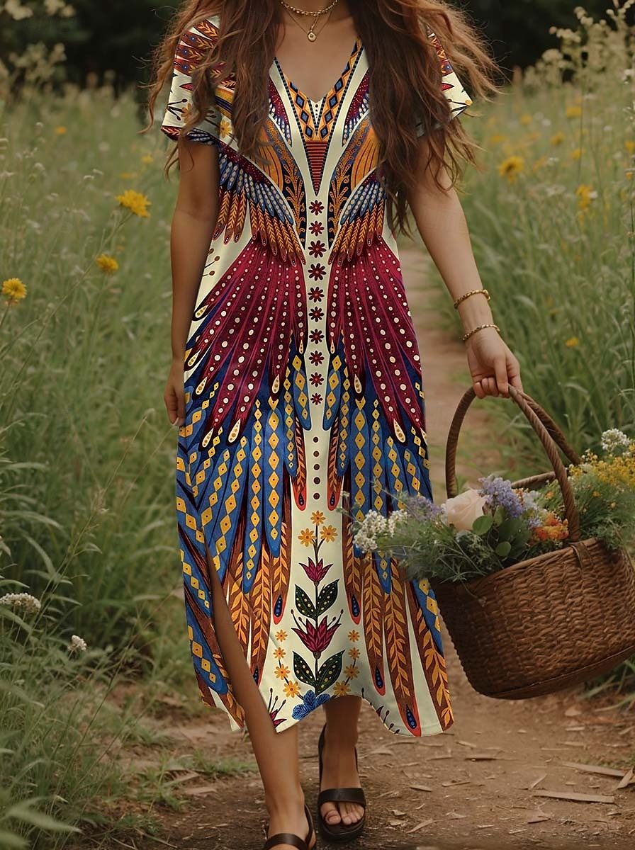 Dame Maxikjole Uformell kjole Boho elegante kjoler Kjole med A-linje Bohem Ferie Årgang Feriereise Daglig Normal Blomstret Kortermet V-hals Gul Sommer Vår 2025 - $28.99 –P1