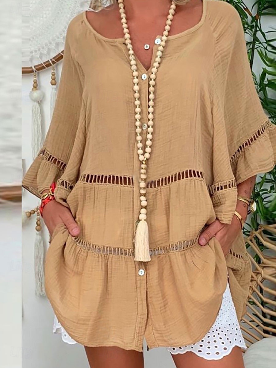 Pentru femei Rochie Mini Rochii de in bumbac Rochie casual Elegant Epocă Stilat Mânecă evazată Vacanță Casual Zilnic Potrivire Largă Simplu Lungime Manșon 3/4 În V Alb Galben Roșu-aprins Maro Var 2025 - $26.99 –P7