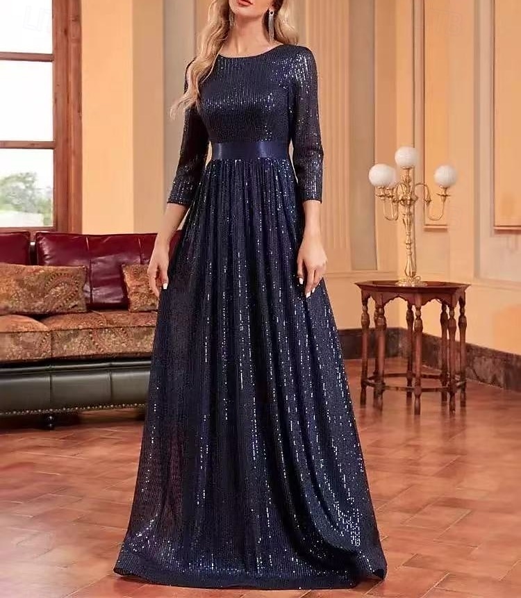 A-linje Bryllupsgjest Kjoler Festkjole Prom Black Tie Gala Gulvlengde 3/4 Lengde Erme Crew Utringning Belte  Bånd Spandex med Glitrende Frynser Paillett 2025 - zł768.99 –P1