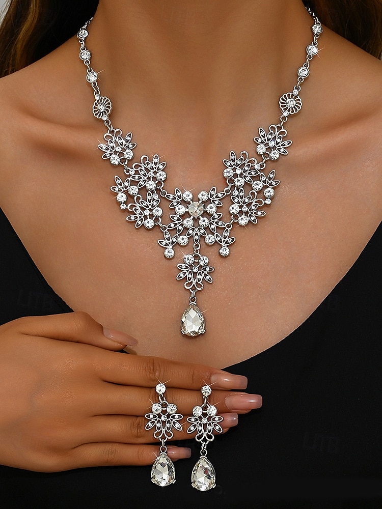 Zilveren tiara met strass steentjes en sieradenset voor dames – elegante ketting, oorbellen en kroon voor bruiloften, optochten en speciale gelegenheden 2025 - $19.99 –P7
