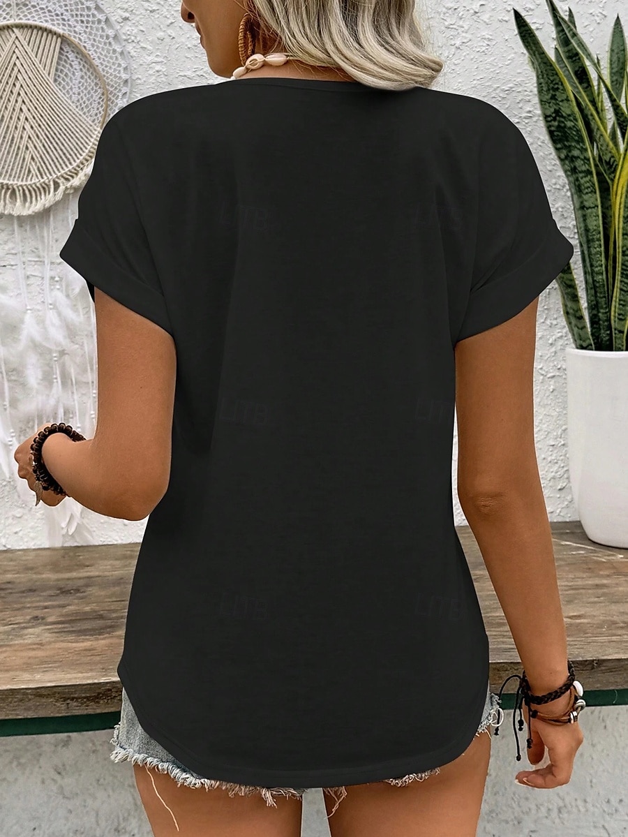 Femme T shirt Bouche mode Décontractées Manche Courte Col V Hauts réguliers du quotidien Imprimer Noir Eté de 2025 ? $19.99 –P2