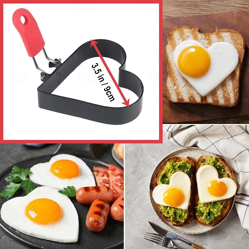 3,5 tommers eggering med sammenleggbart håndtak, hjerteformede eggeringer i rustfritt stål for steking av egg, engelske muffins, frokostsandwichburger 2 stk. 2025 - $6.99 –P2