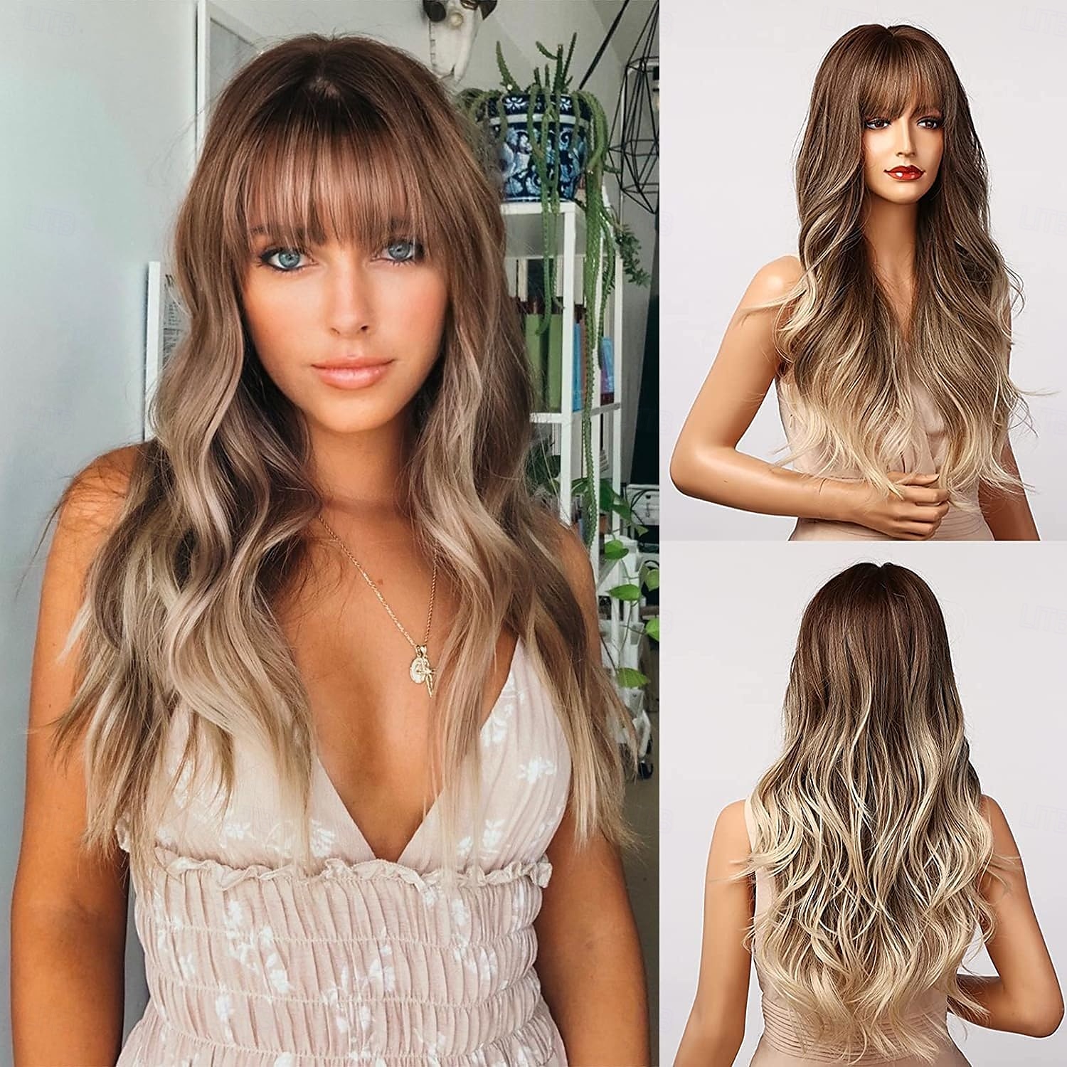 peruca marrom claro com franja longa ombre perucas onduladas para mulheres brancas, cabelo sintético branco acinzentado resistente ao calor, natural melhores perucas para halloween/natal/cosplay/festa de 2025 por $28.99 –P1