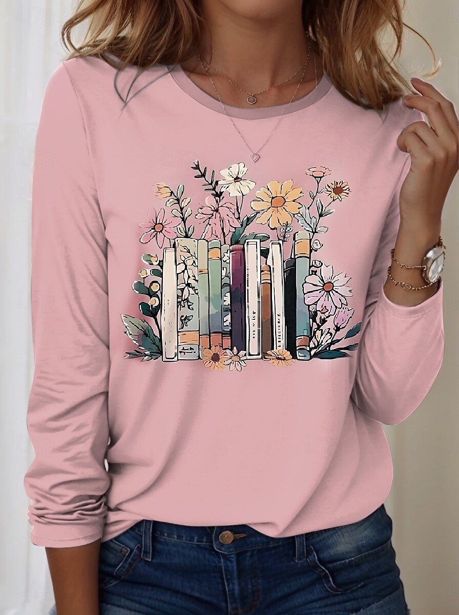 Per donna Maglietta Rosa Floreale Grafico Casual Manica Lunga Girocollo Top Regolari Quotidiano Stampato Rosa Primavera Autunno del 2025 a $22.99 –P1