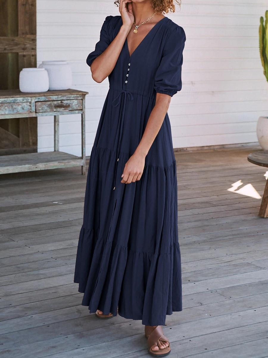 Women's Maxi Dress Casual Dress Swing Dress A Line Dress Casual Vacation Daily Regular Fit Plain Short Sleeve V Neck Black Navy Blue Fuchsia Green Summer 2025 - $31.99 –P12