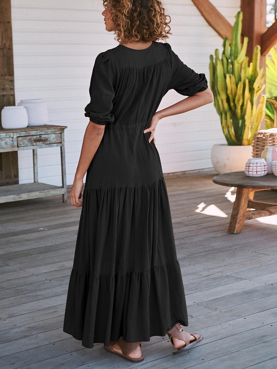 Women's Maxi Dress Casual Dress Swing Dress A Line Dress Casual Vacation Daily Regular Fit Plain Short Sleeve V Neck Black Navy Blue Fuchsia Green Summer 2025 - $31.99 –P7