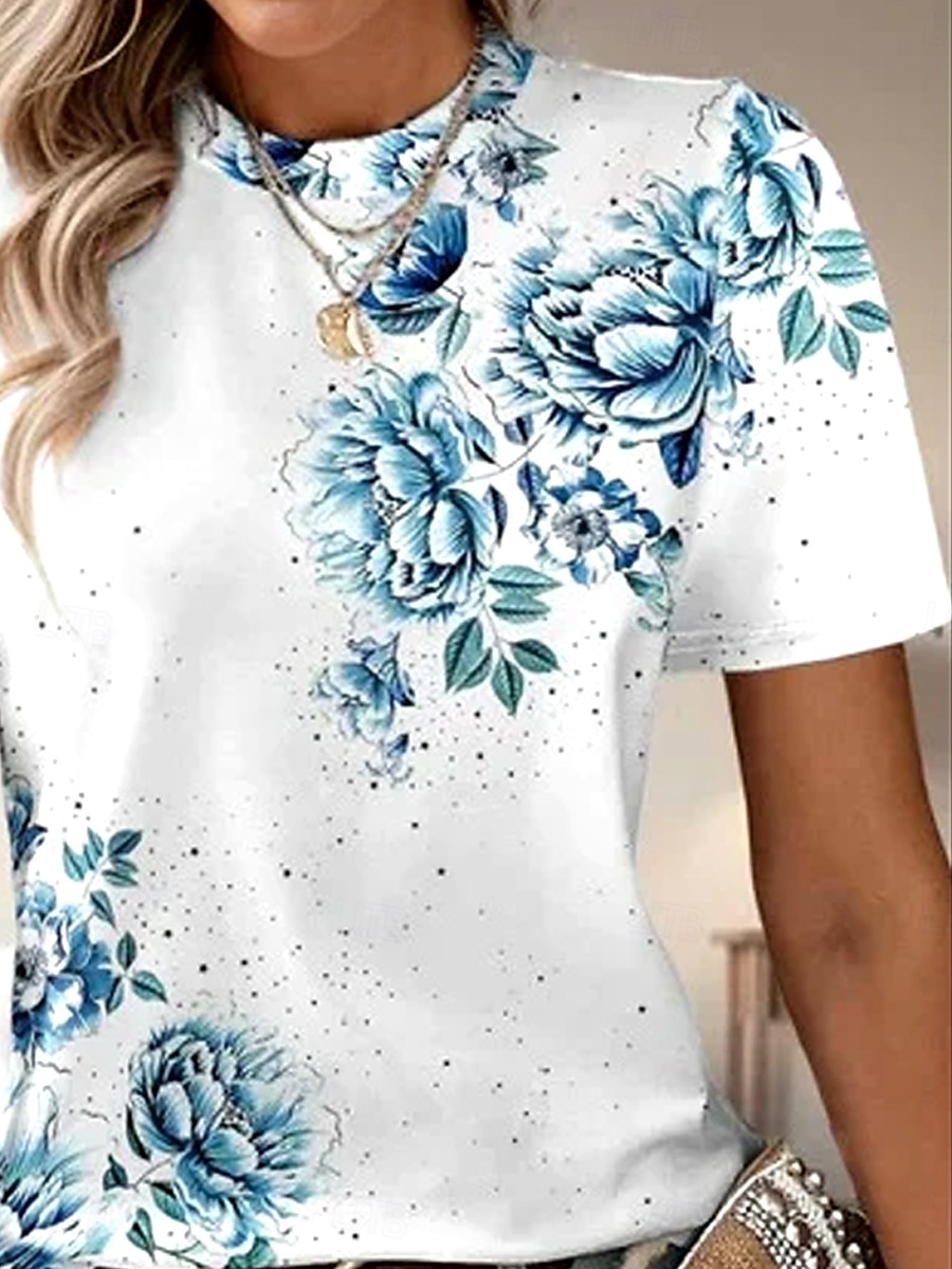 Pentru femei Tricou Trandafir Floral Grafic Elegant Epocă Modă Manșon scurt Rotund Topuri obișnuite Zilnic Ieșire Sfârșit de săptămână Imprimeu Albastru piscină Vară 2025 - $19.99 –P2