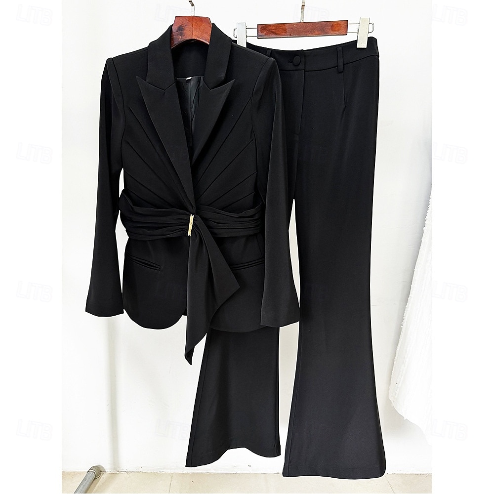 Completo madre della sposa a due pezzi elegante minimalista colletto camicia lunghezza al pavimento in tessuto elasticizzato manica lunga con volant colore solido 2025 del 2025 a $159.99 –P8