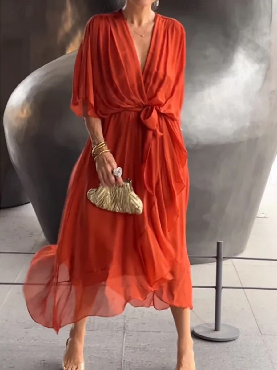 Damen Midikleid schwarzes kleid Casual kleid A Linie Kleid Basic Brautkleider schlicht Urlaub Täglich Regular Fit Glatt 3/4 Ärmel V Ausschnitt Schwarz Weiß Rote Orange Sommer Frühling 2025 - $36.99 –P5