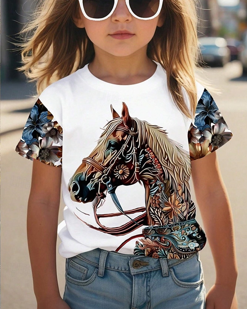 Mädchen 3D Grafik Pferd T-Shirt Kurzarm Sommer Frühling Mode Basic Kinder 4-12 Jahre Rundhalsausschnitt Lässig Täglich Outdoor Normale Passform 2026 - $11.99 –P2