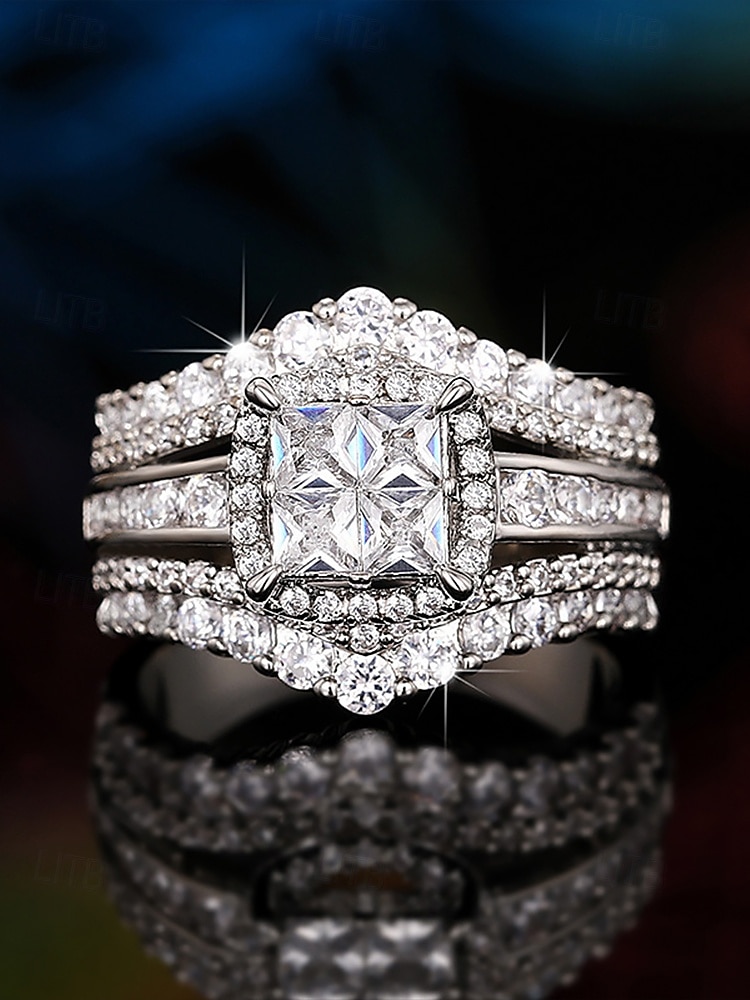 Juego de anillos de boda de lujo con circonita cúbica, bañados en plata, elegante joyería nupcial para mujer 2025 - $11.99 –P3