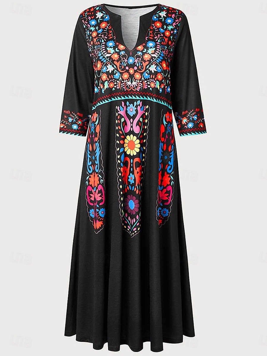 Dámské Midi šaty Boho šaty s dlouhým rukávem Áčkové šaty Boho šaty stylové Na běžné nošení Dovolená Ležérní Denní Běžný Grafika Dlouhý rukáv Do V Černá Fialová Námořnická modř Léto Jaro Podzim 2025 - $27.99 –P2