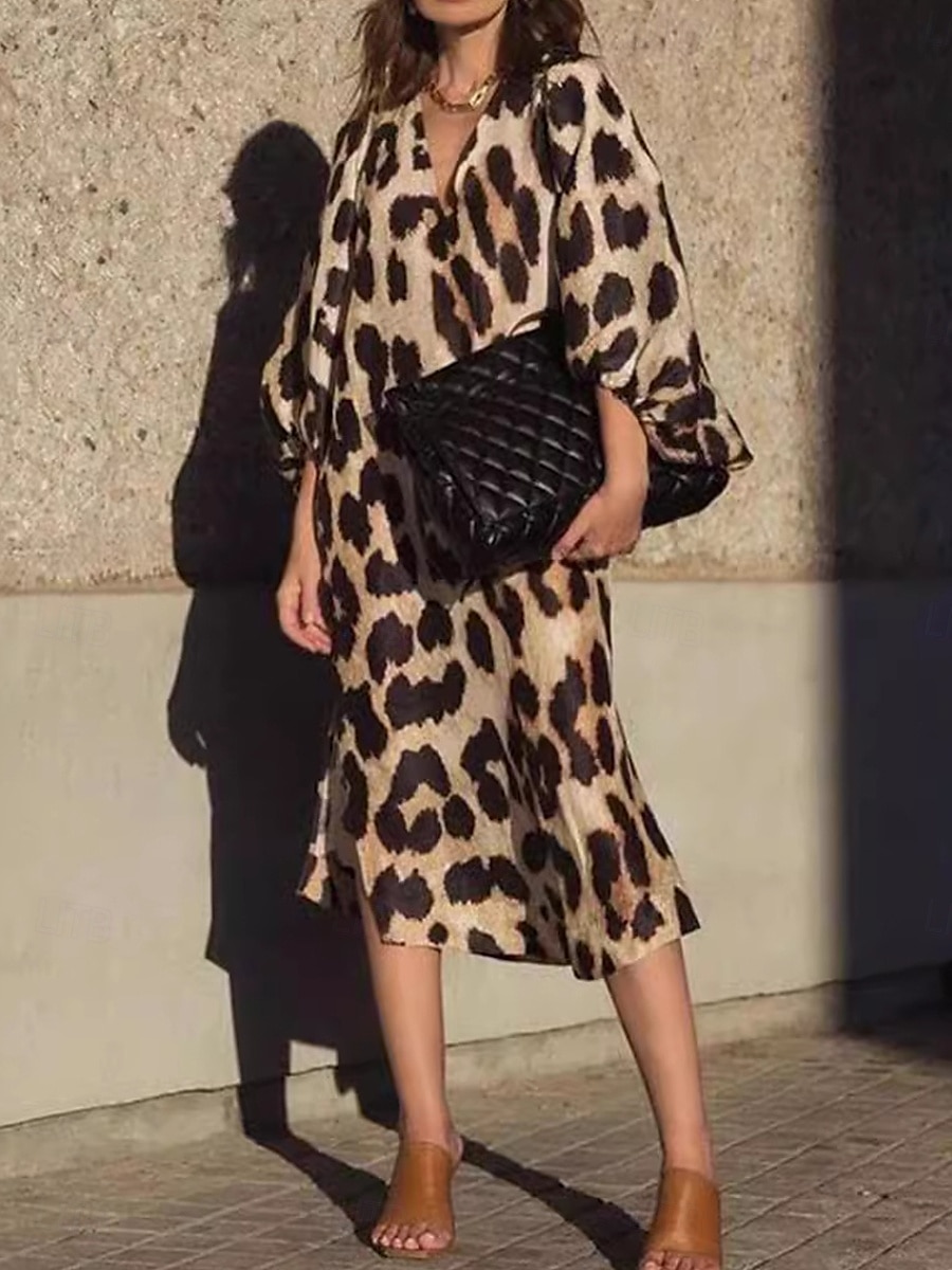 Women's Midi Dress Shift Dress Summer Dress Puff Sleeve Dress Casual Vacation Daily Regular Fit Leopard Short Sleeve V Neck Leopard Summer 2025 - $27.99 –P1