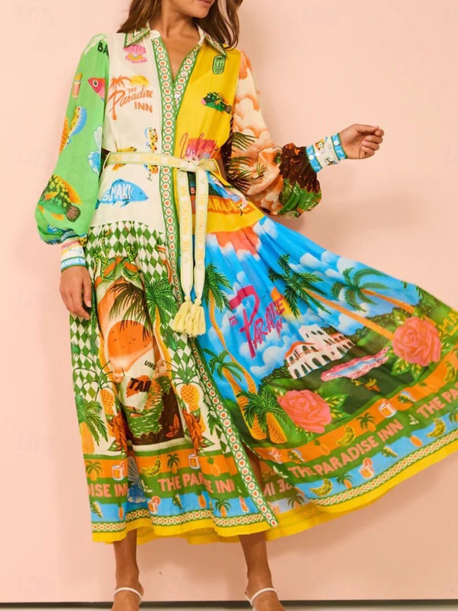 Damen Midikleid A Linie Kleid Figurbetontes Kleid Kleid mit Puffärmeln Urlaub Puffärmel Urlaub Casual Täglich Regular Fit Graphic Langarm Hemdkragen Grün Sommer 2025 - $46.99 –P1