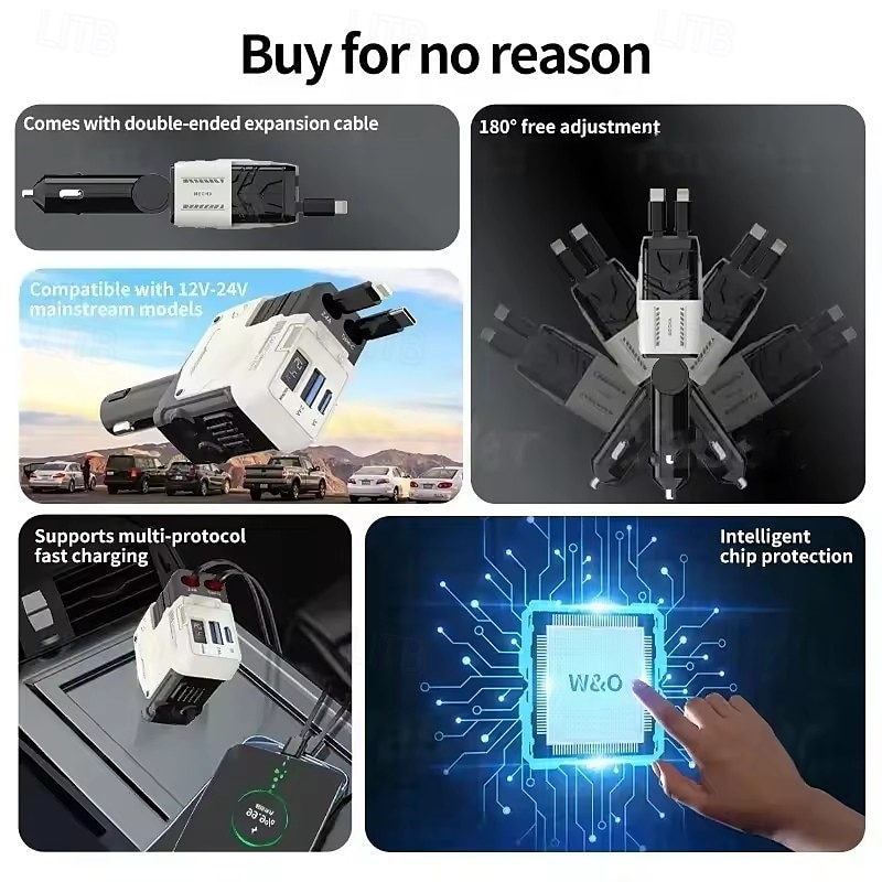 2025年 120W 4 in 1 格納式車用USB充電器 急速充電車用シガーライタープラグ iPhone用 &iPhone、Samsung、Huawei用のType-Cポート コレクション – $28.99 –P5