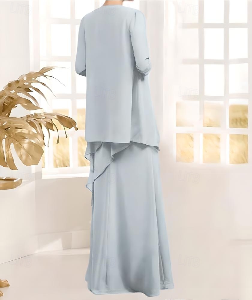 Zweiteiliges Kleid der Mutter der Braut Elegant Vintage Einfach Juwel-Ausschnitt Bodenlang Chiffon 3/4 Länge Ärmel Jackett Kleider mit Pailletten Beading Kaskadierende Rüschen 2025 - $203.99 –P4