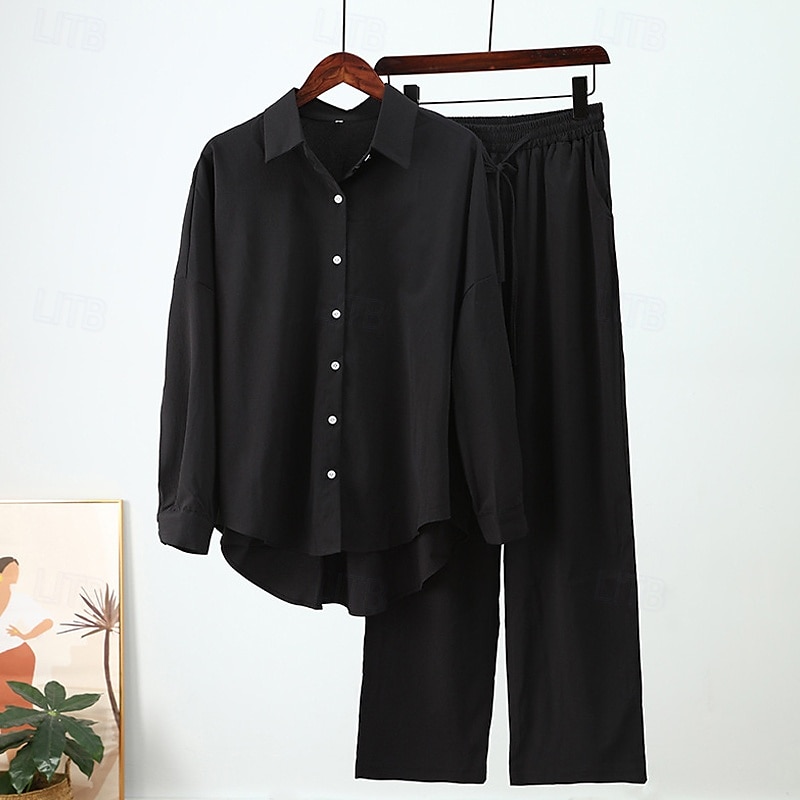 Dam Mode Streetwear Skjorta Linneinspirerade set Tvådelade set Linne Byxor Byxor Långärmad Tröjkrage Ensfärgat Snörning Dagliga kläder Datum Svart Vit Blå Sommar Normal 2025 - $27.99 –P3