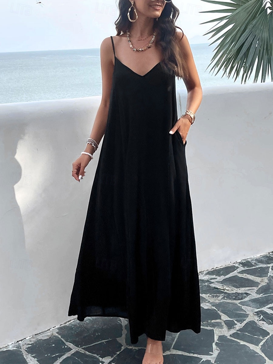 Damen Maxi Kleid Strandkleid Slip Kleid Urlaub Strandurlaub Unifarben Lässig Täglich Lockere Passform Grafik Ärmellos Träger Schwarz Rot Himmelblau Grün Sommer 2025 - $41.99 –P11