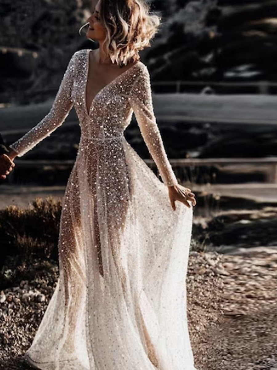 Hochzeitskleider Ballkleid V-Ausschnitt Langarm Kapelle Zug Satin Brautkleider mit Falten gerafft 2025 - $229.99 –P1