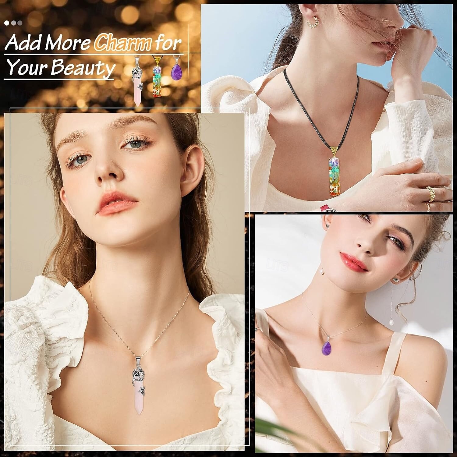 Colar com pingente de cristal de 16 peças, coluna hexagonal de ametista, fio trançado de mau olhado, colar com pingente de árvore da vida de 2025 por $33.99 –P9