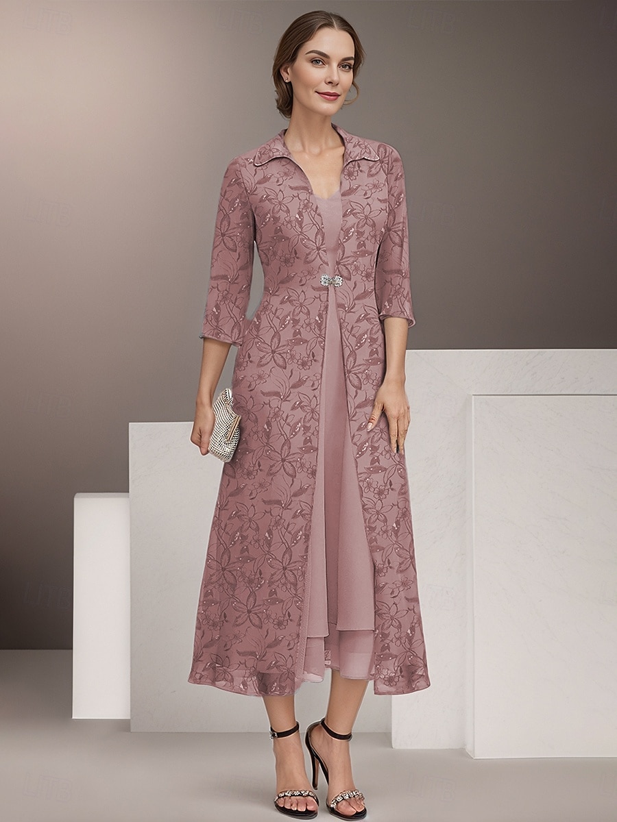 Two Piece Mother of the Bride Dress Elegant Vintage Shirt Collar Tea Length Chiffon 3/4 Length Sleeve Floral Lace Jacket Dresses 2025 2025 - $199.99 –P4