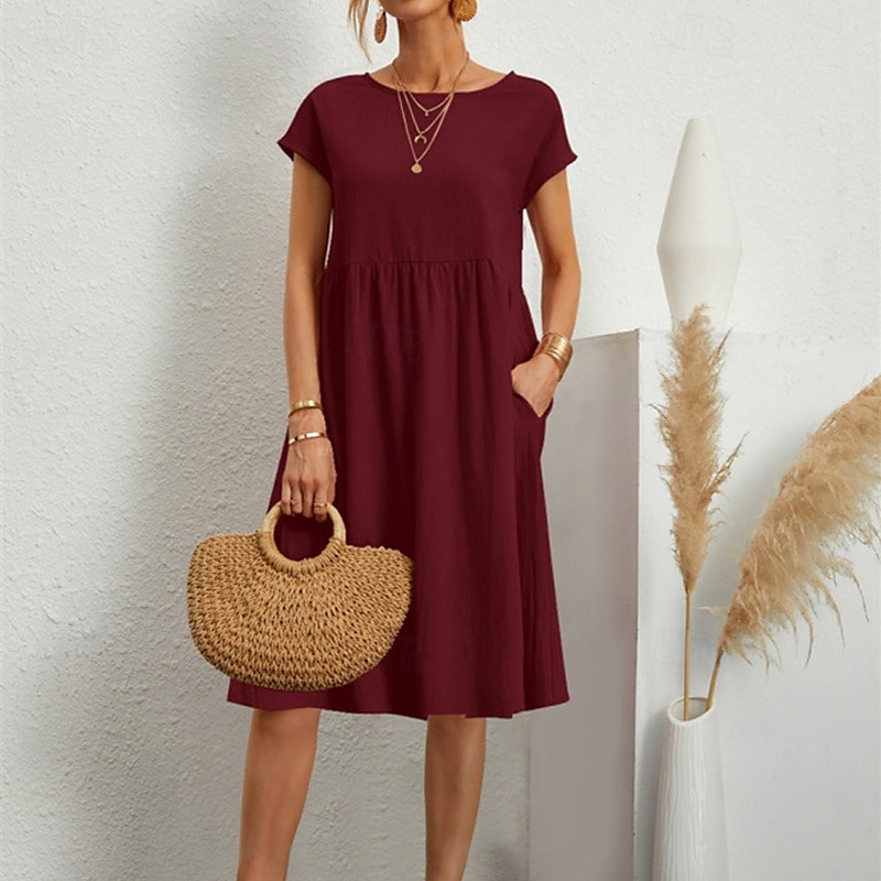 Damen Langes Kleid Maxikleid Leinen-inspirierte Kleider Freizeitkleid Baumwoll-Leinenkleid A Linie Kleid Stilvoll Lässig Urlaub Täglich Date Normale Passform Einfach Kurzarm Rundhalsausschnitt Wein 2025 - $26.99 –P2