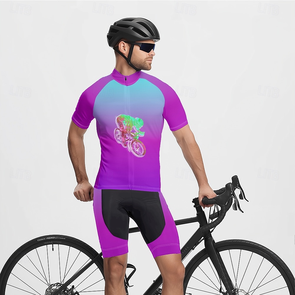 Homme Maillot Velo Cyclisme Manche Courte Cyclisme Tee-shirt Maillot avec 3 poches arrière VTT Vélo tout terrain Respirable Séchage rapide Conception anatomique Mèche Bleu Violet Vert Dégradé Des de 2025 ? $20.79 –P14