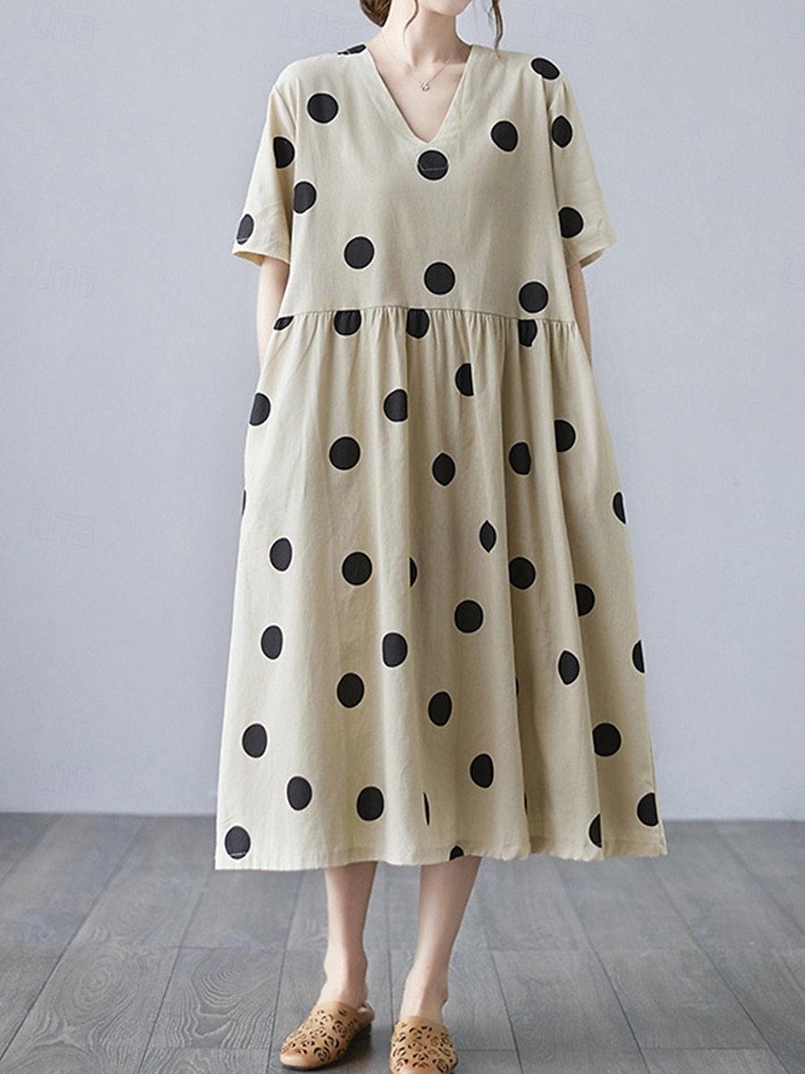 Women's Maxi Dress Cotton Linen Dresses Casual Dress Basic Casual Vacation Daily Regular Fit Polka Dot Long Sleeve V Neck Apricot Summer 2025 - $26.99 –P1
