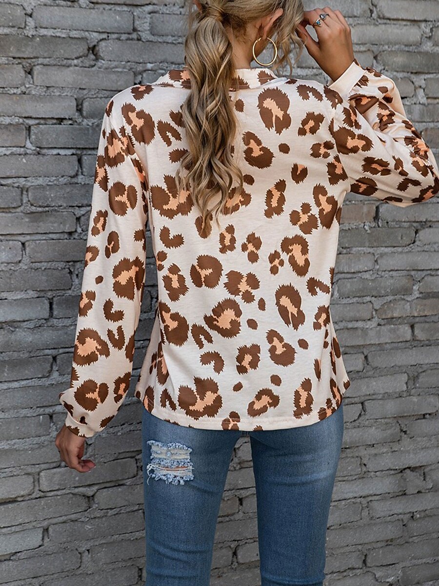 Dame T skjorte Leopard Mote Moderne Fritid Langermet V-hals Vanlige topper Daglig Helg Hvit Rosa Blå Brun Vår Høst 2025 - $21.99 –P5